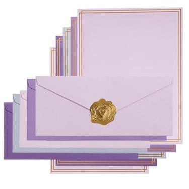 Imagem de Pacote com 50 conjuntos de artigos de papelaria coloridos, 5 cores #10 envelopes de negócios, 50 folhas de papel 21 x 28 cm e adesivos dourados para escritório, cartas, convites (roxo)