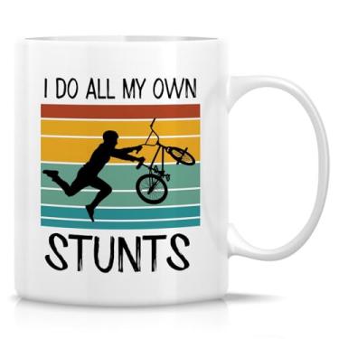 Imagem de Retreez Caneca engraçada para motociclista de montanha - Caneca I Do All My Own Stunts - Caneca de café ou chá de cerâmica de 325 ml - Presente hilário para piloto de acrobacias de mountain bike