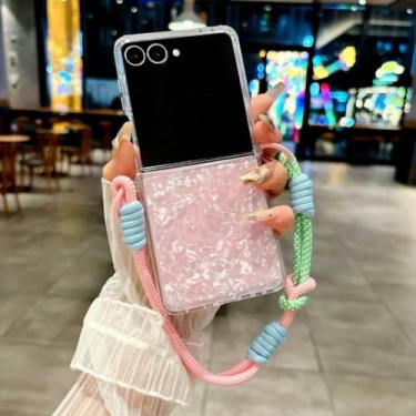 Imagem de Capa para Galaxy Z Flip 7 com estampa de concha, alça de pulso rígida de PC, cordão fino, proteção contra quedas (para Galaxy Z Flip 7/rosa azul)