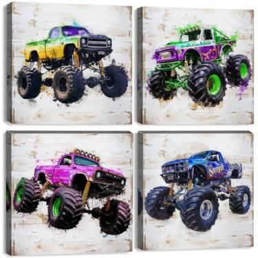 Imagem de Arte de parede em tela Monster Truck para decoração de quarto de meninos, pôsteres de carro vintage, arte de parede infantil, caminhões para quarto de meninos, sala de jogos, aquarela, veículo