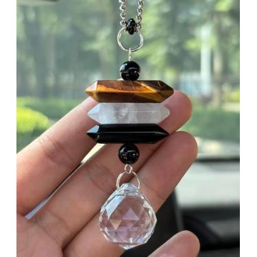 Imagem de Pingente de carro pendurado em cristal, lindas pedras curativas, decoração de carro para espelho retrovisor, acessórios de ornamento de apanhador de sol boho feito à mão, olho de tigre, obsidiana