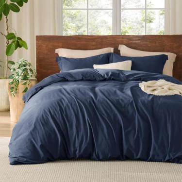 Imagem de Capa de edredom Bedsure 100% algodão lavado Queen Size Navy