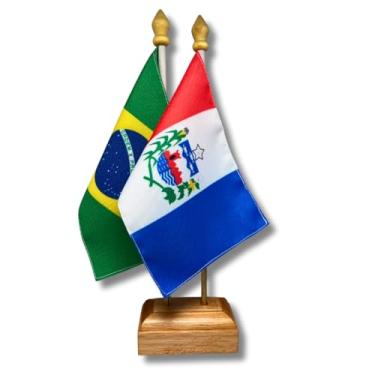 Imagem de Kit Bandeiras de Mesa Brasil e Alagoas, Dupla Face, Base em Madeira Maciça, 30 cm x 9 cm, Decoração para Escritório