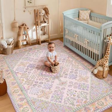 Imagem de Tapetes de área de 10 x 15 cm para sala de estar, lavável na máquina, tapete boho antiderrapante para quarto, tapete vintage macio estampado lilás lavanda roxo 10 x 15 cm