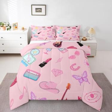 Imagem de Conjunto de cama moderno, para crianças, meninas, guitarra, borboleta, rosa, para decoração de quarto de meninos, meninas, adolescentes, conjunto de edredom de música rock, instrumentos de guitarra