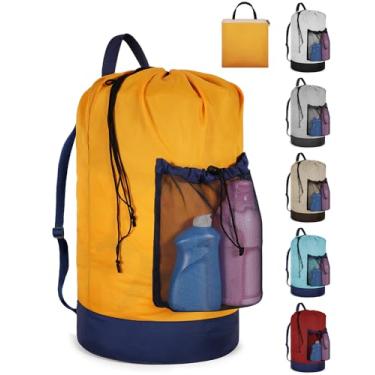 Imagem de Bolsa de lavanderia com alças de ombro e bolso de malha, grande cesto de roupa suja portátil para lavanderia universitária e apartamento