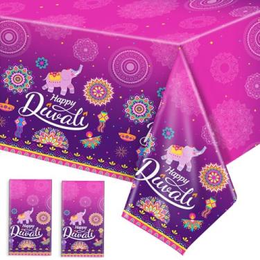 Imagem de Pacote com 2 toalhas de mesa Happy Diwali, decorações de festa, 137 x 272 cm, toalha de mesa descartável Diwali, capa de mesa de plástico com tema indiano para celebração do festival da luz