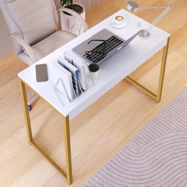 Imagem de Mesa Diretor Escritório 90cm Pês de aço MDF Compacta Moderna para Home Office com Espaço e Estilo(Branca Pês Gold)