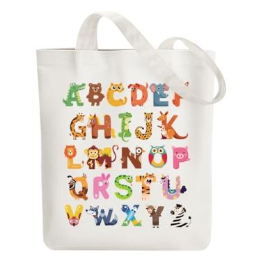 Imagem de ANATTASOUL Sacola de lona com letras de animais, bolsa de algodão reutilizável para mulheres, bolsa de ombro de tecido durável com bolsos com zíper para compras, férias, trabalho, academia