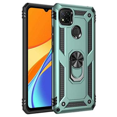 Imagem de SORAKA Capa para Xiaomi Redmi 9C com suporte de anel, capa protetora Redmi 9C, capa traseira de policarbonato rígido com placa de metal para suporte magnético de telefone e carro, verde escuro