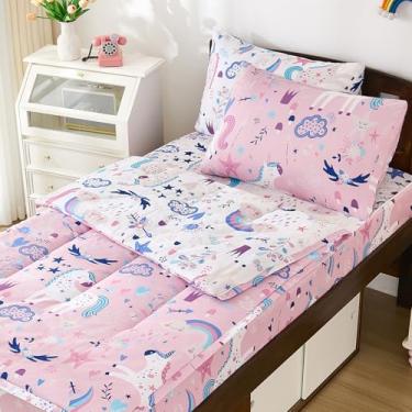 Imagem de DJY Jogo de cama solteiro com zíper, unicórnio rosa para meninas, conjunto de edredom infantil com fronha, tudo em um com zíper para todas as estações