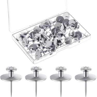 Imagem de HVSENW 30 peças de pinos de prata para pendurar imagens, tachas de polegar de cabeça dupla para parede, ganchos de parede resistentes de liga de zinco sem danos, pregos para pendurar imagens para