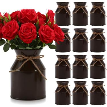 Imagem de Domensi Vaso de flores de metal para fazenda, 13 cm, rústico, galvanizado, para leite, baldes de flores com arco para mesa, centro de mesa, outono, Halloween, casamento, casa, decoração de quarto