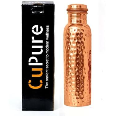 Imagem de CuPure Garrafa de água de cobre puro para benefício de saúde ayurvédico, recipiente martelado puro feito à mão para beber para serviço pesado e à prova de vazamento, 1000 ml