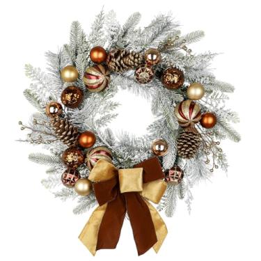 Imagem de Guirlanda de Natal de 61 cm para porta da frente guirlanda de inverno artificial apagada com pinhas, cachos de bagas, enfeites de bola de bronze e fita para decoração de Natal de Ação de Graças