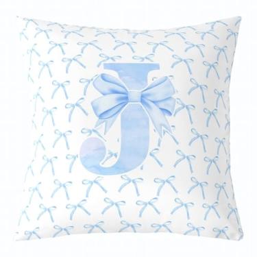 Imagem de Capa de almofada infantil com laço de desenho animado, gravata borboleta azul letra J nó princesa dupla face fronha meninas mulheres, aquarela laço patchwork azul branco cama sofá capa de almofada