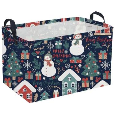 Imagem de Sanjiaofen Cestas retangulares de Natal, cesta de boneco de neve vazia, revestimento PE impermeável, caixas fofas para crianças com alças, cestas de presentes, caixote de livros. (boneco de neve azul)