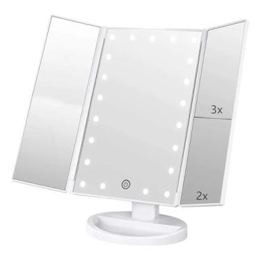 Imagem de Espelho de Maquiagem Dobrável Triplo Espelho Maquiagem Triplo LED Iluminação Dobrável Portátil Penteadeira 3 Lados Mesa Camarim Bancada Brancacom Iluminação LED - Branca