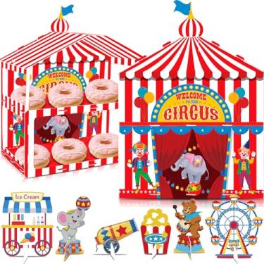 Imagem de KARAQY 1 suporte de cupcake de circo de carnaval, suporte de cupcake de 2 camadas vermelho e branco para barraca de circo, decorações de festa com tema de carnaval para artigos de festa de aniversário