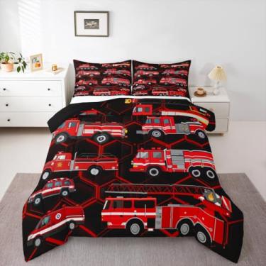 Imagem de Erosebridal Conjunto De Cama De Casal De Caminhão De Bombeiros Para Crianças Meninos Vermelho Construção Veículos Edredom Conjunto Crianças Escavadeira Trator Cama Edredons E Conjuntos Carro Temático