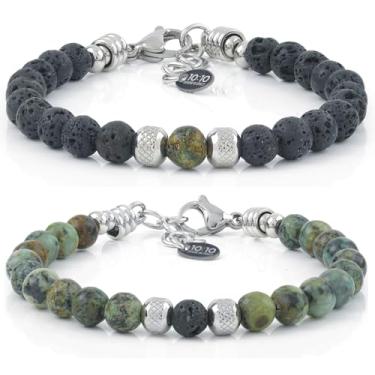 Imagem de 10:10 Pulseiras para casais com contas de pedras preciosas – Pedra natural de 6 mm e aço inoxidável – Ajustáveis, Resistentes, Elegantes – Feitas na Itália, Adjustable, Aço inoxidável Pedra, turquesa