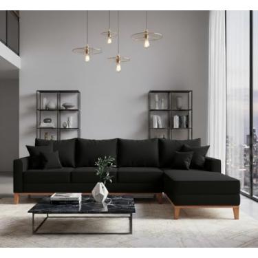 Imagem de Sofá Beny com Chaise Direita, 2,60x1,40m, 4 Lugares, Linho, Base em Madeira. (Preta)
