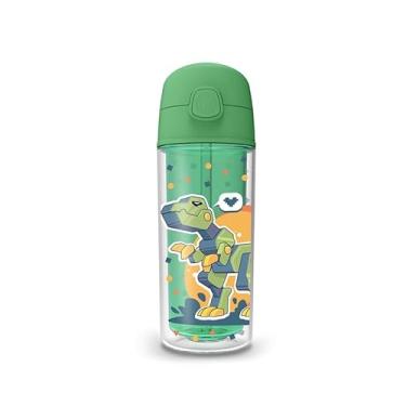 Imagem de Garrafa Squeeze Termica 270ml Infantil Parede Dupla Canudo Silicone Agua Gelada Dinossauro
