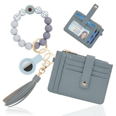 Imagem de Sunpour Chaveiro de pulso com carteira – porta-cartão RFID mini carteira com suporte AirTag, bolsa de moedas e caixa de presente, Cinza, 0.3*4.97*3.6, Tendência