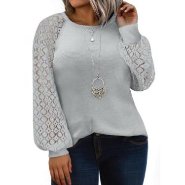 Imagem de Camisa feminina Eytino plus size de renda de manga comprida cinza 2X