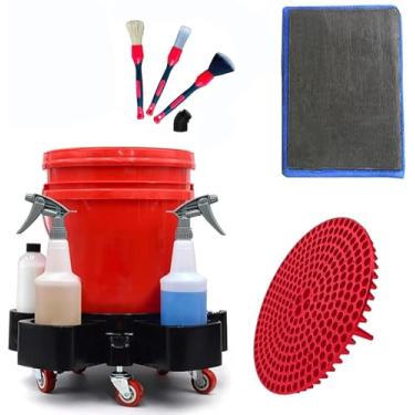 Imagem de Balde com 5 Galões com 5 Rodízios Giratórios para Serviço Pesado para Lavagem de Carro com Luva e Rede de Barreira de Areia para Lavagem de Carros, Detalhes, Garagem