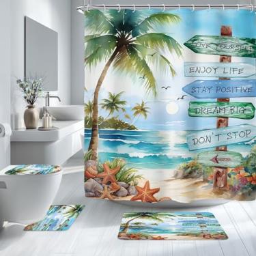 Imagem de Riyidecor Conjunto de cortina de chuveiro de banheiro com 4 peças, azul petróleo, citações positivas, conjunto de decoração de banheiro com tapetes e acessórios tapete costeiro para tampa de vaso