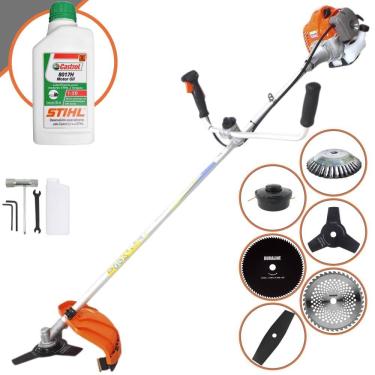 Imagem de Roçadeira Podador de Grama Vulcan VP430-P À Gasolina 43cc 1,7HP Com 6 Opções de Cortes, Carretel Nylon + Kit 4 Facas + Escova de Aço + ÓLEO STIHL 2T