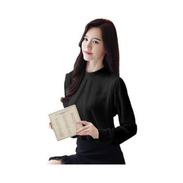 Imagem de Blusa Feminina Branca de Chiffon Manga Comprida - Gola Elegante para E