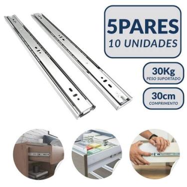 Imagem de Kit 10 Corrediças 30cm Telescópicas Light Aço 35mm 5 Pares - Kompraki