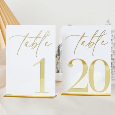 Imagem de Números de mesa de casamento de acrílico 1-20 com suportes, placas de acrílico brancas de 12,7 x 17,8 cm com números espelhados dourados 3D, números de mesa 3D brancos e dourados para recepção de