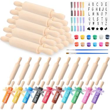Imagem de Pacote com 30 kits de artesanato de mini rolo de massa, rolos de madeira pequenos de 12 cm de comprimento com pincel de fita xadrez e cartões de modelo para decorações de bandeja de Natal, artesanato