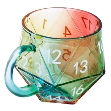 Imagem de Caneca de dados Rainbow D20, copo de café de dados poliédricos com alça, copo de café de classe de coleção engraçada de vidro, xícara de chá transparente para noite de jogo para bebidas quentes/frias