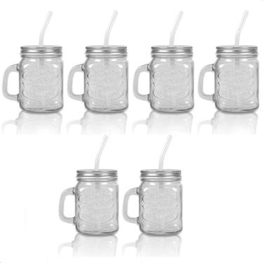 Imagem de Kit 6 Jarrinhas Canecas Retro Vintage Vidro Tampa de Metal Canudo de Vidro Drink Barzinho Bartender Canudo 480ml