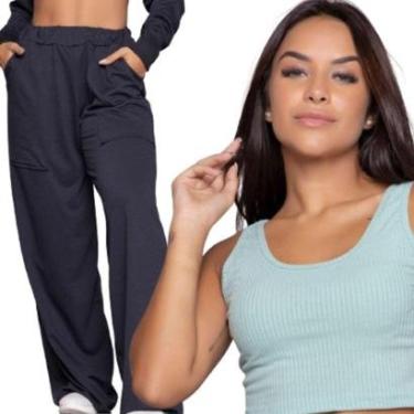 Imagem de Conjunto Cropped Regata Canelado + Calça Pantalona Wide Leg Vekyo Blusa Regata Flare Moletinho-Feminino