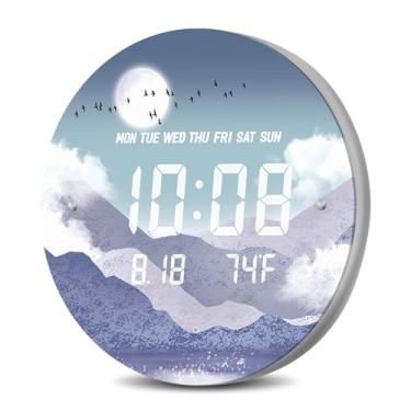 Imagem de SCOAGE Relógio de parede digital, lua iluminada, silencioso, 12/24H, relógio de LED, moderno, grande, sem tique-taque, com data e temperatura, relógios de hora para sala de estar, quarto, escritório