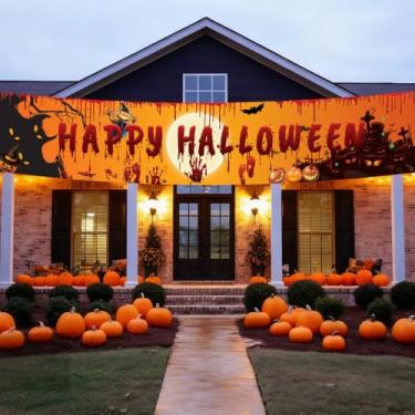 Imagem de Banner de Halloween ao ar livre 247,7 x 47,5 cm Festa de fantasma Faixa decorativa ao ar livre para pendurar em varandas e cercas de jardim