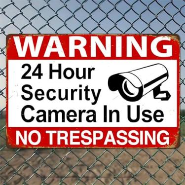 Imagem de Placa de câmera de segurança arte de parede de alumínio rústico e placa de metal - 20,3 x 30,5 cm vintage decoração interna externa para casa, escritório, café, quintal e jardim