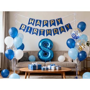 Imagem de JumDaQQ Artigos Para Festa De 8 Anos Em Azul E Dourado - Faixa Alegre, Balão Metalizado, Confete Látex, Ótimo Presente Meninos