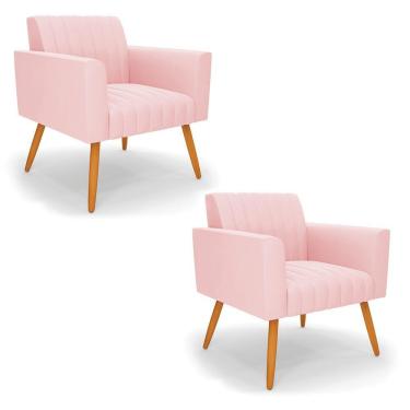Imagem de Kit 2 Poltronas Viena Gomada Suede Rosa Bebê Pés Palito Castanho - D'rossi