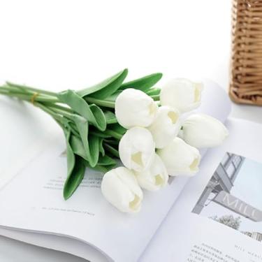 Imagem de Kit 10 Tulipas Artificiais de Látex PU – Buquê de Toque Real 34cm com 5 Flores por Haste para Decoração de Casamento, Casa e Eventos (Cores Diversas)(Branco (10 peças))