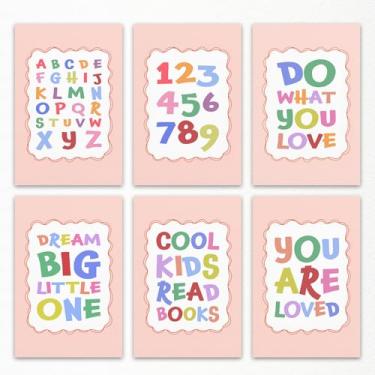 Imagem de Prinajssiad 6 peças de arte de parede rosa para berçário, pôster de aprendizagem de alfabeto e números abc, decoração de parede Dream Big Little One Positive Affirmations, Kis Room You Are Loved