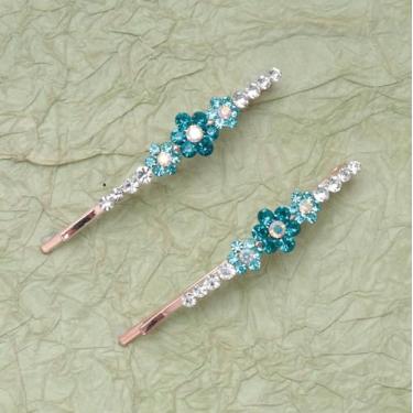 Imagem de 2 peças de broche de strass com flor pequena 5 x 2 cm de cristal de metal bonito acessórios para mulheres, festas, tema de casamento, decoração de cabelo (azul)