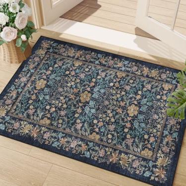 Imagem de DUKINO Tapete de entrada de 5 x 7 cm, tapete floral lavável com tapete antiderrapante para porta interna, tapete vintage baixo pequeno para cozinha, entrada, banheiro, quarto, azul escuro