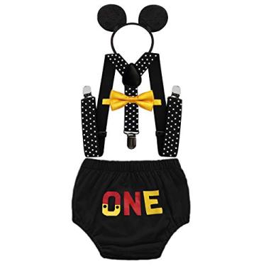 Imagem de FMYFWY Conjunto de 4 peças para bebês meninos 1º aniversário conjunto de roupas com 4 peças, suspensórios e gravata borboleta, #D Preto, 6-12 Meses