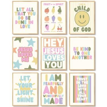 Imagem de Decoração de parede com versículo bíblico cristão infantil arte de parede em tela inspiradora Jesus pôster pastel escrituras imagens religiosas modernas arte infantil para sala de aula escola em casa